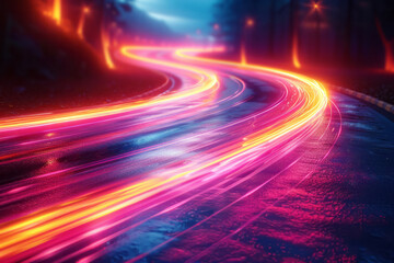 Poster - Elegant scene of swirling light trails in neon hues, evoking a sense of energy and dynamism on a black canvas,