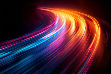 Poster - Clean and modern image of layered curved light trails, with a gradient of colors blending harmoniously against the black background,