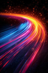 Poster - Clean depiction of intertwining light trails that create a complex web of colors on a black background,