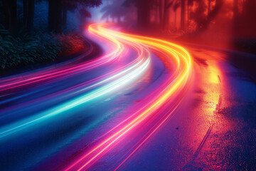 Poster - Clean depiction of bright, colorful light trails that arc gracefully across the screen, creating a vibrant display,