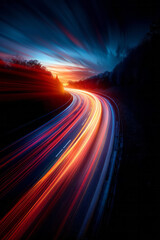 Poster - Minimalist aesthetic of fast-moving light trails that create a sense of speed and excitement against a black backdrop,