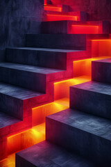 Poster - Minimalist image of dark geometric blocks illuminated by vibrant red and yellow light accents, creating a striking contrast,