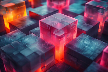 Poster - Clean depiction of an abstract arrangement of angular blocks with soft red and yellow glows on their edges,