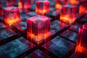Poster - Clean depiction of an abstract arrangement of angular blocks with soft red and yellow glows on their edges,