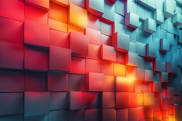 Poster - Clean depiction of an abstract arrangement of angular blocks with soft red and yellow glows on their edges,