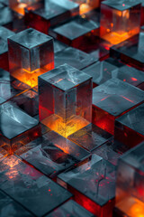 Poster - Elegant scene featuring a collection of dark cubes and rectangles, highlighted by glowing red and yellow patterns,
