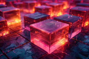 Poster - Clean image of a 3D grid of geometric blocks, each emitting soft red and yellow glows in various intensities,