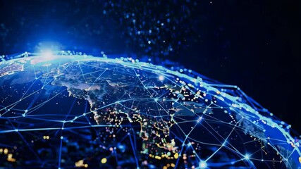 Poster - footage of a global network connection and data connection concept. Planet Earth in open space and digital web. World communication technology. Blue black background.