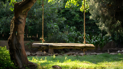 A simple, handmade wooden swing hanging from a tree branch in a natural outdoor setting.