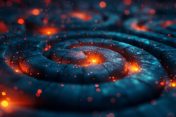 Poster - elegant representation of a labyrinth of dark shapes with flickering red and yellow lights accentuat