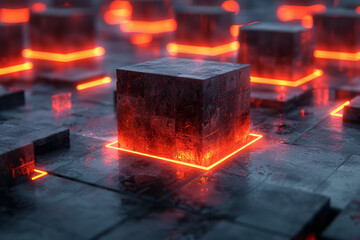 Poster - elegant representation of a 3d landscape made of dark blocks with glowing light accents, evoking a f