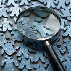 Poster - A magnifying glass focusing on a single cut-out figure among a cluster of others.