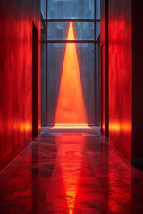 Poster - minimalist aesthetic of dark triangular shapes illuminated by dynamic red and yellow light patterns,