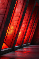 Poster - minimalist aesthetic of dark triangular shapes illuminated by dynamic red and yellow light patterns,
