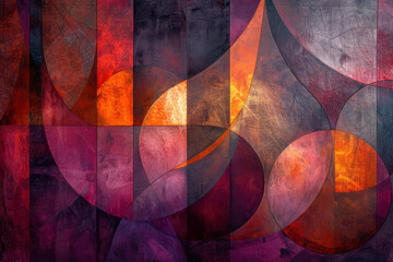 Poster - Sleek design showcasing a dynamic arrangement of triangles and circles in a harmonious blend of purple and copper tones,