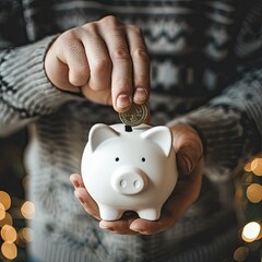 Aufkleber - A man holding a white piggy bank while placing a coin into it, conveying the idea of growing wealth over time.