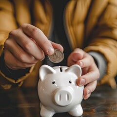 Poster - A man in casual attire placing a coin into a white piggy bank, demonstrating the everyday habit of saving. 