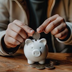 Aufkleber - A man in casual attire placing a coin into a white piggy bank, demonstrating the everyday habit of saving.