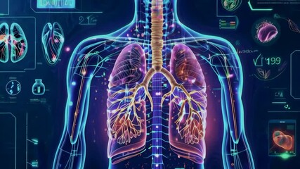 Poster - HUD display with lungs data info graphics, anatomy and biology hologram of human digestive system. Health medicine digital interface.