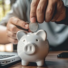 Poster - A man placing a coin into a white piggy bank on a desk, symbolizing financial planning and investment. 