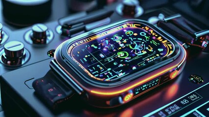 Poster - Smart watch hologram info graphic display, rendering medical data user interface, heart rate scanning, and physical health condition technology