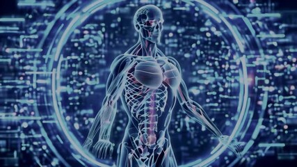 Poster - The animation is placed close to the viewer with depth of field around the human body in the center. Motion graphics dynamically reveal digital data, body muscles and skeleton.