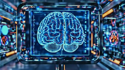 Poster - Brain scanning animation. Neurology data, vital signs. Future technology. HUD, interface.