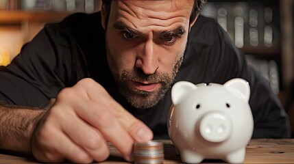 A man with a focused look dropping a coin into a white piggy bank, showing his dedication to financial growth. 