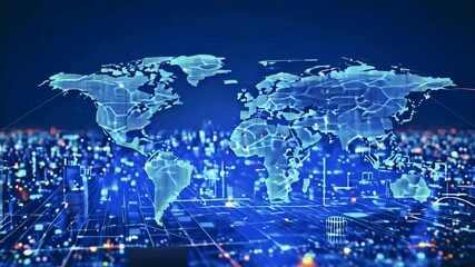 Poster - digital background with cloud computing for data storage and transfer. Cloud icon with data icon on a world map background.