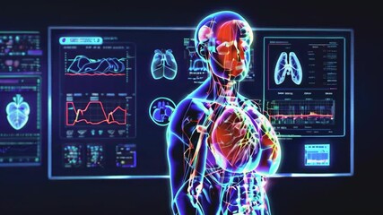 Poster - The healthcare HUD interface provides full scans and examinations of the human body with a heart and brain cardiogram monitor.