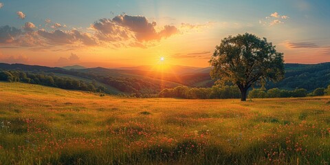 Poster - Sunset Landscape with a Tree