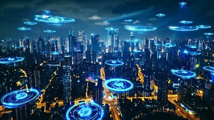 Poster - Panoramic Skyline Of Metropolitan City Aerial Drone Flight During Night Holograms World Of Tomorrow Network Drone Low Light AI Big Data Network