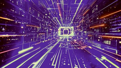 Poster - technology background video with data signals. Gaming background. Fly through technology cyberspace with neon glow. flight video.