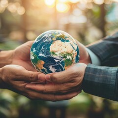 Poster - A partnership represented by two hands holding a globe.