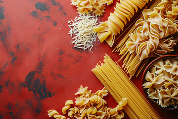 Assorted spaghetti pasta on the table, top view on a red background. Template frame for advertising products, menus, restaurants with place for text, copy space