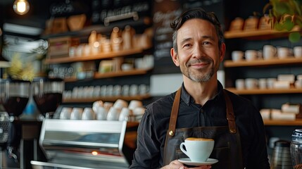 Poster - A portrait of a coffee bar owner holding a freshly brewed cup of coffee in their cafe 