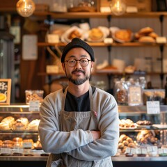 Poster - A portrait of a coffee bar owner standing in front of a display of pastries in their cafe