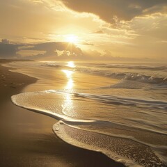 Poster - A serene beachscape with the sun rising and casting a golden glow over the sand and sea. 