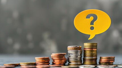 Aufkleber - A speech bubble with a question mark in yellow balancing on assorted coin piles. 
