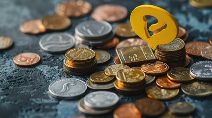 Aufkleber - A speech bubble with a question mark in yellow balancing on assorted coin piles. 