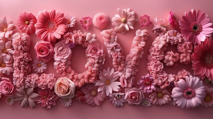 Wall Mural - Blossoms of Affection Forming a Vibrant Love Arrangement on Soft Pink Background. Generative AI