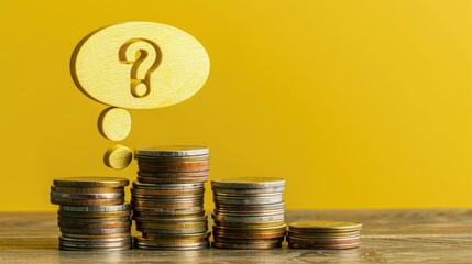 Poster - A speech bubble with a question mark in yellow balancing on staggered stacks of coins.