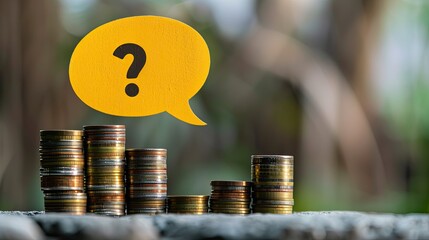Aufkleber - A speech bubble with a question mark in yellow balancing on staggered stacks of coins. 