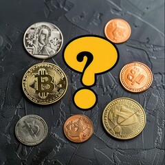 Poster - A speech bubble with a question mark in yellow positioned over different denominations of coins.
