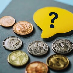 Aufkleber - A speech bubble with a question mark in yellow positioned over different denominations of coins. 