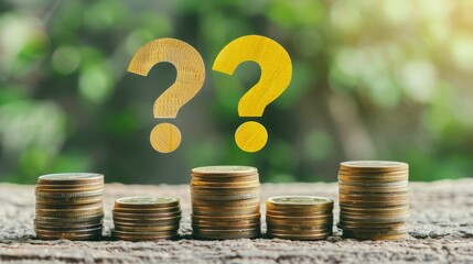 Aufkleber - A speech bubble with a question mark in yellow positioned over neatly arranged coin stacks. 