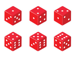 Six variants red game cubes isolated on white background. icons in realistic style. Gambling concept.