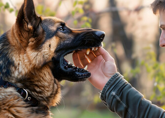 Wall Mural - A male German shepherd bites a man by the hand.