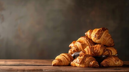 Wall Mural - Croissants stacked on a rustic wooden table