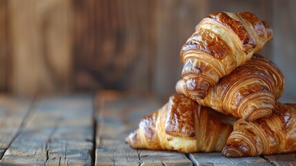 Wall Mural - Croissants stacked on a rustic wooden table